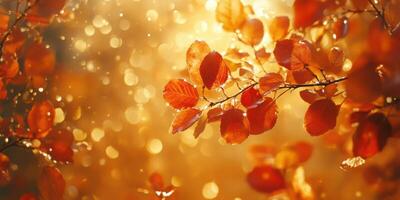 Golden autumn leaves glistening in sunlight against a blurred background of warm colors photo