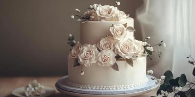 Elegant three-tier wedding cake adorned with floral decorations captured indoors with soft natural light photo