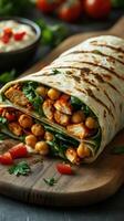 Delicious wrap filled with grilled chicken, chickpeas, and fresh vegetables served on a wooden board photo