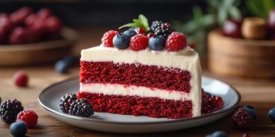 Delicious red velvet cake with fresh berries on a wooden table in a cozy setting photo