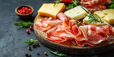Selection of cured meats and cheeses arranged on a rustic wooden board with herbs and spices photo
