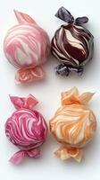 Colorful swirled candies wrapped in satin ribbons displayed on a white background photo