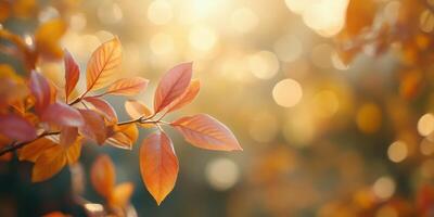 Golden autumn leaves basking in warm sunlight with a blurred background effect in a serene park setting photo