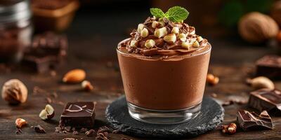 Deliciously creamy chocolate mousse topped with nuts and mint leaves displayed on a dark wooden table photo
