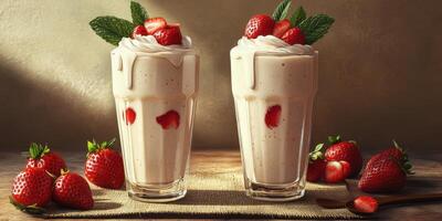 Refreshing strawberry milkshakes served in tall glasses with fresh strawberries and mint leaves on a rustic table photo