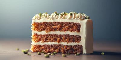 Moist layered cake with cream frosting and pistachios on a wooden surface against a dark background photo
