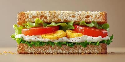 Delicious sandwich with fresh lettuce, ripe tomatoes, and creamy dressing on whole grain bread photo