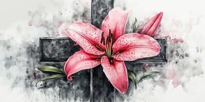 Pink lily and black cross artwork symbolizes remembrance and hope in a serene display of nature and faith photo
