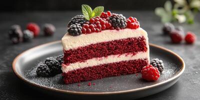 Red velvet cake slice adorned with fresh berries served on a black plate photo