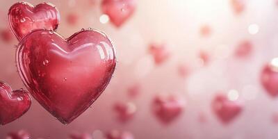 Colorful red hearts floating in soft focus against a light background creating a romantic atmosphere photo
