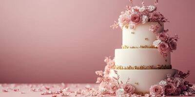 Elegant three-tier cake adorned with delicate flowers and a soft pink backdrop for a wedding celebration photo