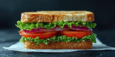 Delicious sandwich with fresh vegetables and golden toasted bread served on a napkin photo