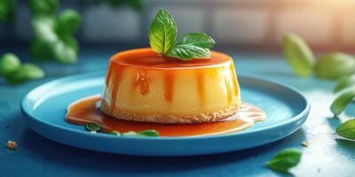 Delicious dessert served on a blue plate with caramel sauce and mint leaves at a sunny kitchen setting photo