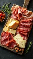Charcuterie board with assorted cheeses and meats displayed on a rustic wooden platter photo