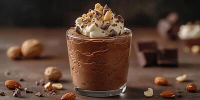Indulgent chocolate dessert topped with whipped cream and nuts in a cozy setting photo