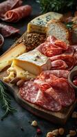 Assorted meats and cheeses arranged on a wooden board with nuts and herbs in a cozy setting photo