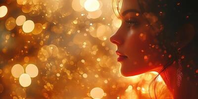 Emotional portrait of a woman in profile surrounded by warm golden bokeh lights photo