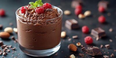 Decadent chocolate mousse topped with fresh raspberries and chocolate shavings on a dark background photo