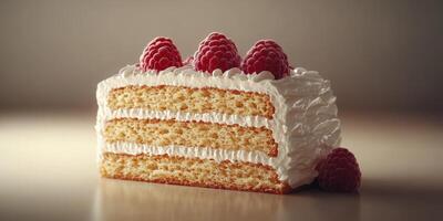 Delightful raspberry cream cake slice showcasing layers of sponge and whipped topping in soft lighting photo