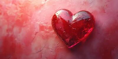 Vivid red heart shape rests on a textured pink background representing love and affection photo