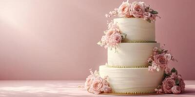 Elegant three-tier wedding cake decorated with pink roses set against a soft pink background photo