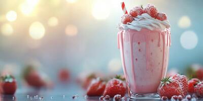 Creamy strawberry milkshake garnished with fresh strawberries and whipped cream on a colorful background photo