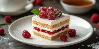 Delicious layered dessert with fresh raspberries, cream, and sponge cake served on a white plate in a cozy cafe photo