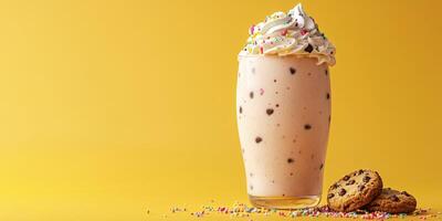 Creamy milkshake topped with whipped cream and colorful sprinkles alongside chocolate chip cookies on yellow backdrop photo
