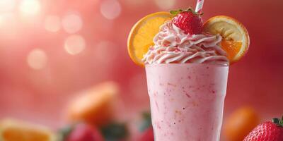 Refreshing strawberry and orange smoothie topped with whipped cream and fruit garnishes in a vibrant setting photo