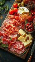 Delightful charcuterie board featuring assorted meats, cheeses, and garnishes for a casual gathering photo