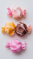 Colorful candy wrappers arranged on a white background showcasing sweet treats ready to be enjoyed at any festive occasion photo