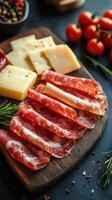Charcuterie board with assorted meats and cheese laid out on a wooden platter in a cozy kitchen setting photo
