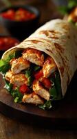 A delicious chicken wrap filled with fresh vegetables and spicy sauce served on a wooden board photo