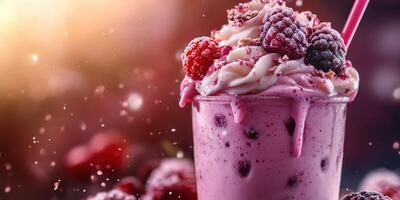 Creamy raspberry shake topped with berries and whipped cream in a vibrant setting photo