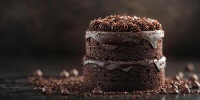Decadent chocolate cake layered with rich frosting on a dark textured background photo