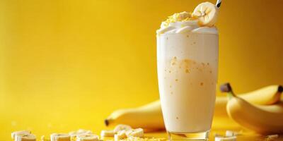 Delicious banana smoothie served in a tall glass against a vibrant yellow background with fresh bananas nearby photo