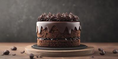 Delicious chocolate cake with icing and sprinkles displayed on a wooden table in a cozy setting photo