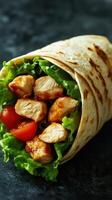 Delicious grilled chicken wrap with fresh lettuce and cherry tomatoes served on a light background photo