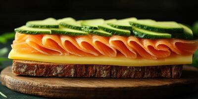 Delicious open-faced sandwich with smoked salmon, cucumber, and cheese served on a wooden board photo