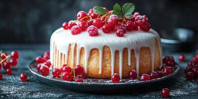Delicious dessert with frosting and red currants on a dark wooden surface during a cozy kitchen setting photo