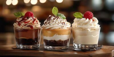 Delightful dessert cups showcasing chocolate, caramel, and vanilla flavors with fresh raspberries and mint leaves photo