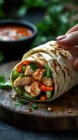Delicious chicken wrap filled with fresh vegetables and garnished with herbs on a wooden board photo