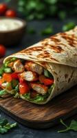 Delicious chicken wrap filled with fresh vegetables served on a wooden board in a cozy restaurant setting photo