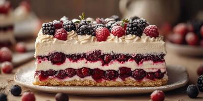 Delicious berry layered cake with cream and fresh fruits served at a cozy dessert table photo