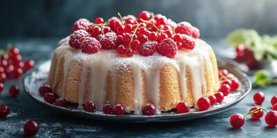 Delicious raspberry cake topped with fresh berries and icing on a dark background photo