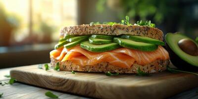 Delicious salmon sandwich with cucumbers on whole grain bread served on wooden board photo