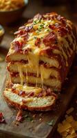 Cheesy bacon pull-apart bread on a wooden board with melted cheese and crispy topping photo