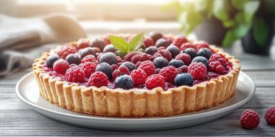 Delicious berry tart with raspberries and blueberries displayed on a wooden table during afternoon light photo