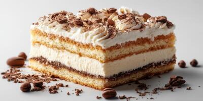 Delicious layered dessert topped with cream and chocolate sprinkled on the side served in a modern kitchen setting photo