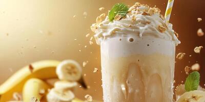 Delicious banana smoothie topped with whipped cream and oats, perfect for a refreshing treat photo